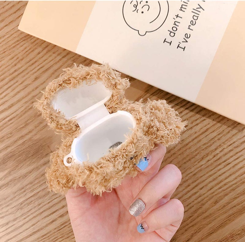 SGVAHY Furry Case for AirPods 1&2 Funny Cute 3D Cartoon Plush Design Teddy Khaki Soft Warm Fluffy Cover with Keychain Kawaii Anti-Fall Protective Case Women Girls - Image 3
